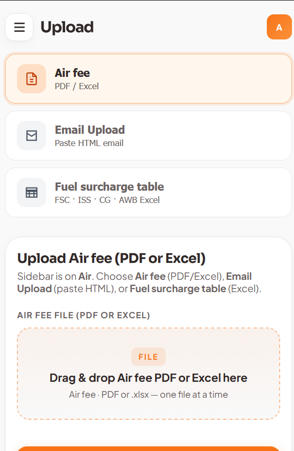 Cargo Intelligence — Tariff upload mobile